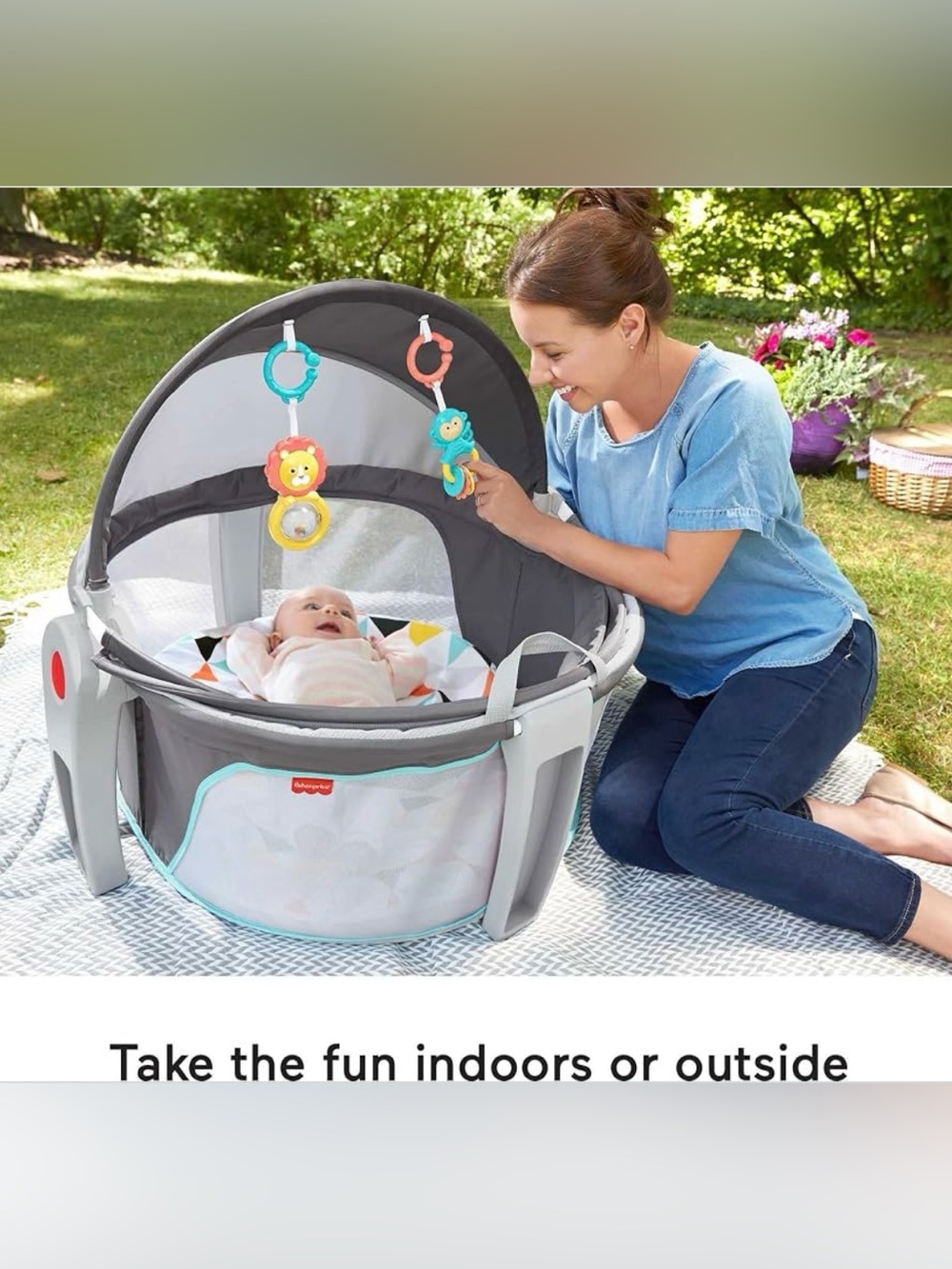 Fisher-Price Gray and Aqua Portable Playard with Colorful Hanging Toys
